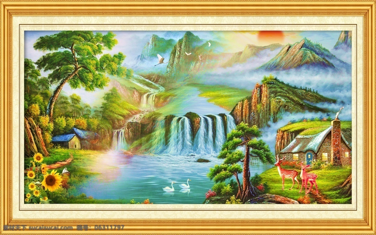 油画 风景 壁画 大厅画 风景壁画 风景画 风景山水壁画 客厅画 瀑布 瀑布风景 山水 油画风景 中堂画 山水画 山水风景 自然风景 装饰素材