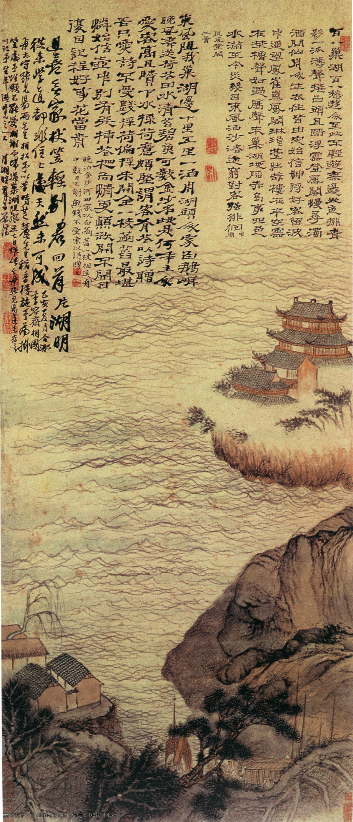 名家 原济 山水 名画 书画 巢湖 图 山水画 书画真迹 水墨 水墨画 巢湖图 名家原济 立轴 纸本 设色 百 八 愁 游人 至此 不 轻 游 天边 山色 排 青影 一派 涛声 卷 白头 文化艺术