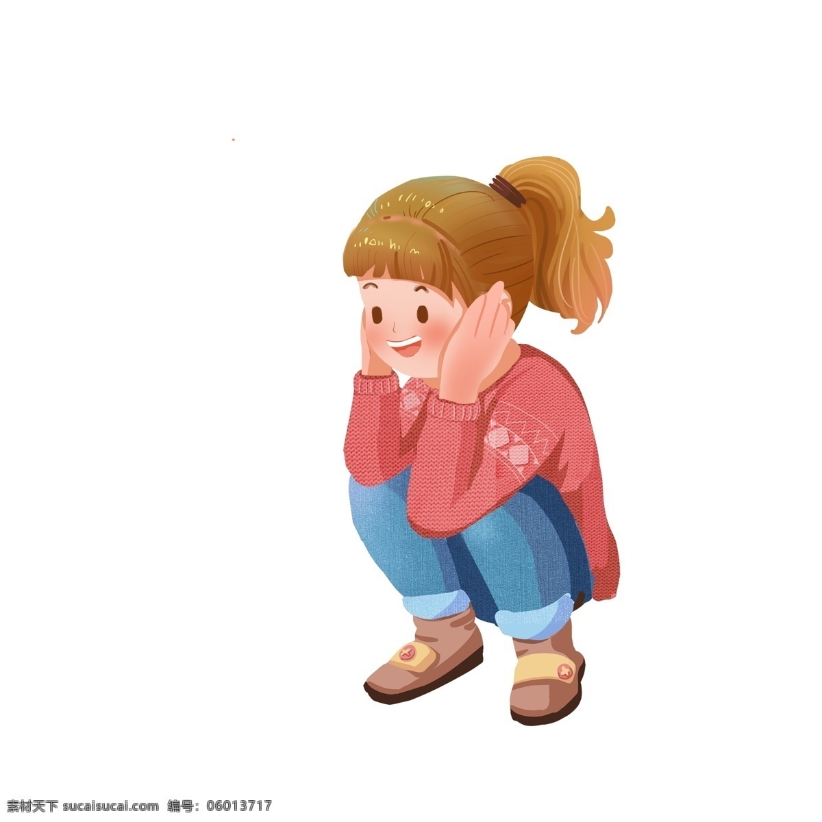 手绘 可爱 捂 耳朵 蹲 女孩 人物 儿童 插画 捂着耳朵 蹲着