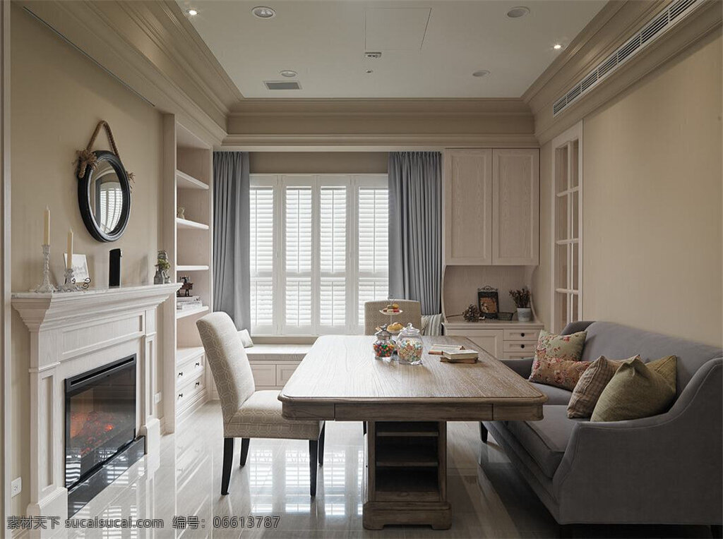 现代 时尚 客厅 白色 壁柜 室内装修 效果图 客厅装修 瓷砖地板 白色餐桌 浅灰色沙发