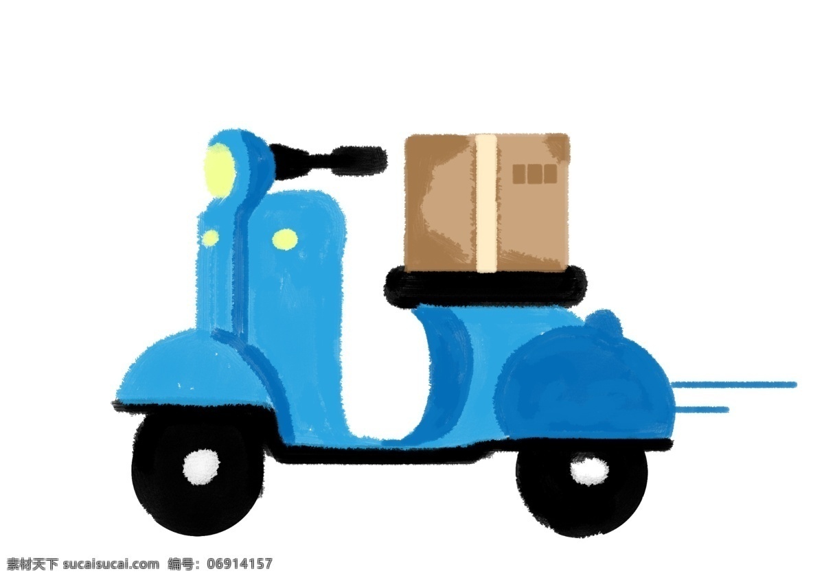 蓝色 手绘 风 快递 送货 摩托 元素 摩托车 包裹 纸箱 快递车 快捷 拉货 快递员 扁平风 卡通 货物 送达