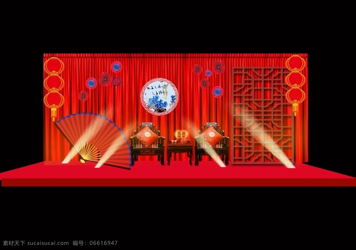 大红色 背景 婚礼布置 迎宾 区 布置 效果 大红色背景 婚礼布置图 中式屏风 折扇 龙凤椅 灯笼 黑色