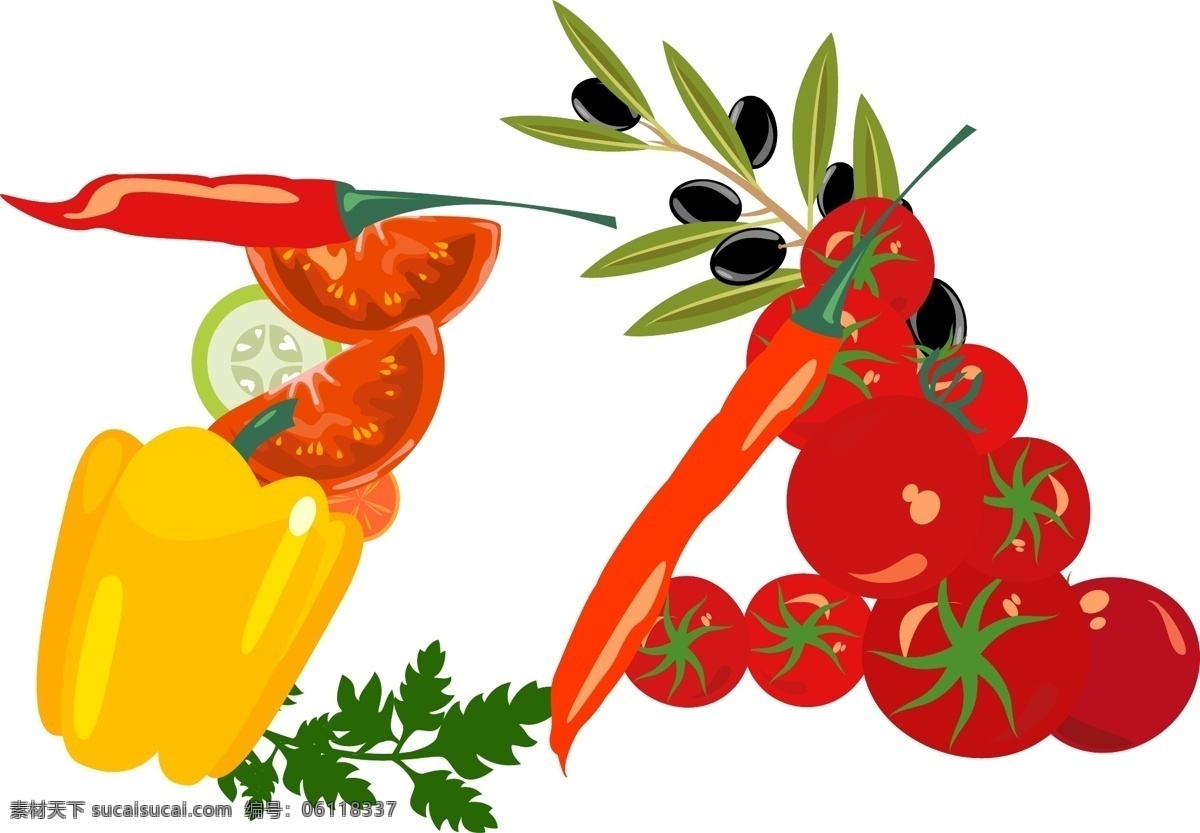 手绘 蔬菜 食物 元素 红色番茄 辣椒 ai元素 免扣元素