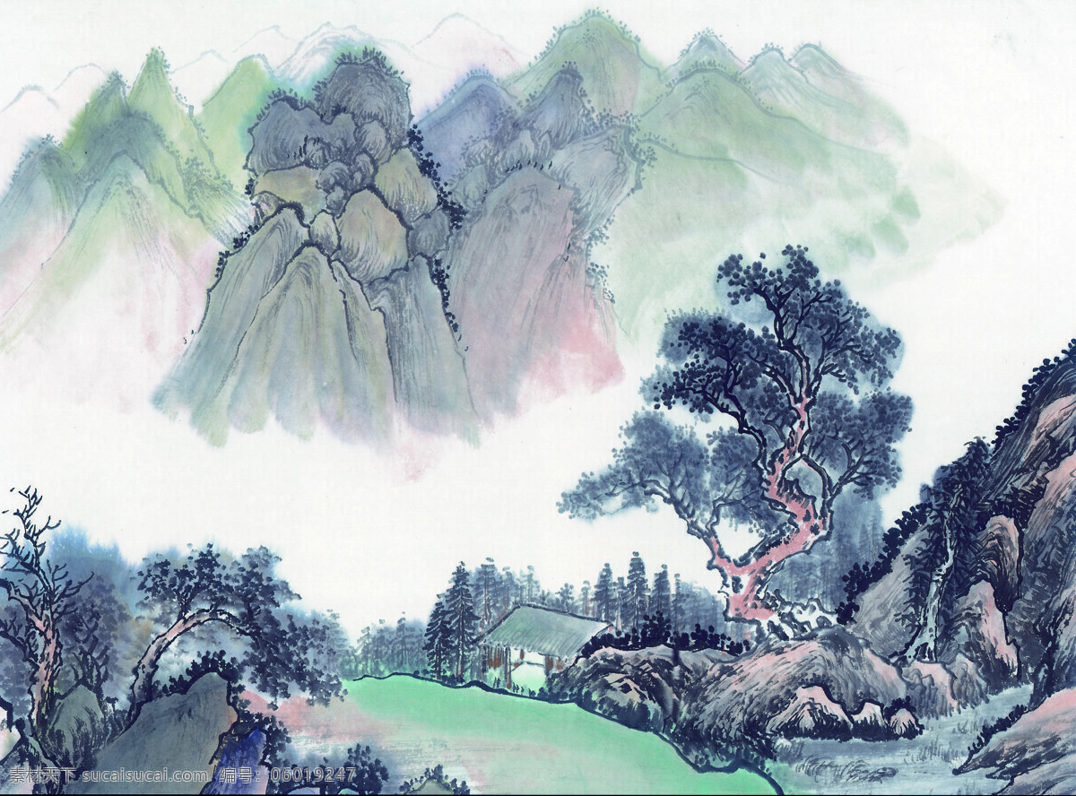 中国 国画 篇 山水 水墨 险山 茅屋 树 文化艺术 绘画书法