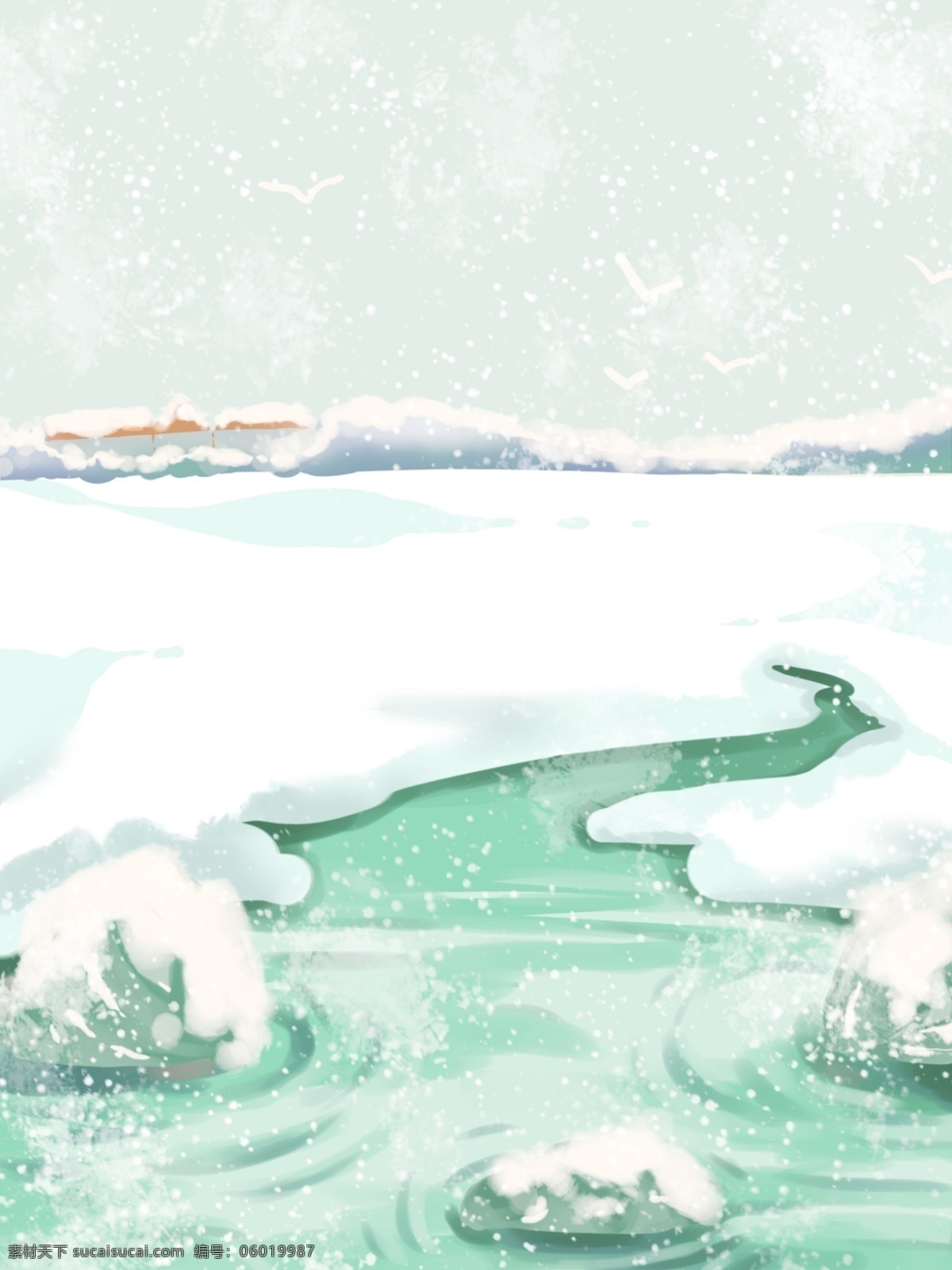 全 原创 冬季 雪景 背景 雪地 湖面 卡通 冬季背景 小清新 冬季雪景背景