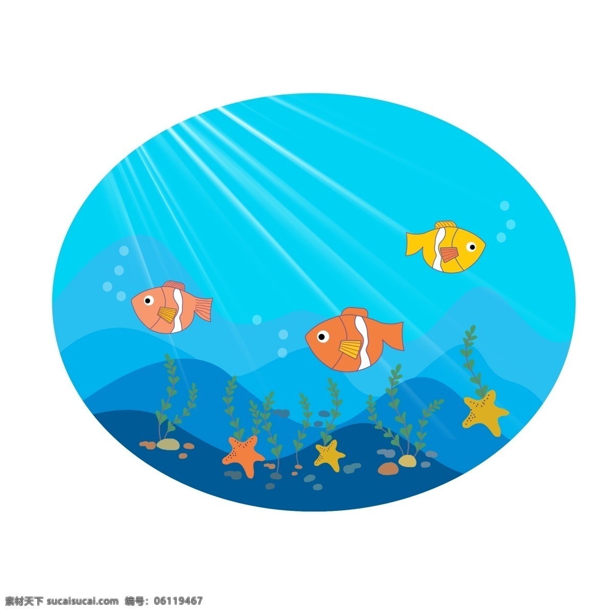 手绘 卡通 海底 世界 场景 元素 鱼 海草 海星