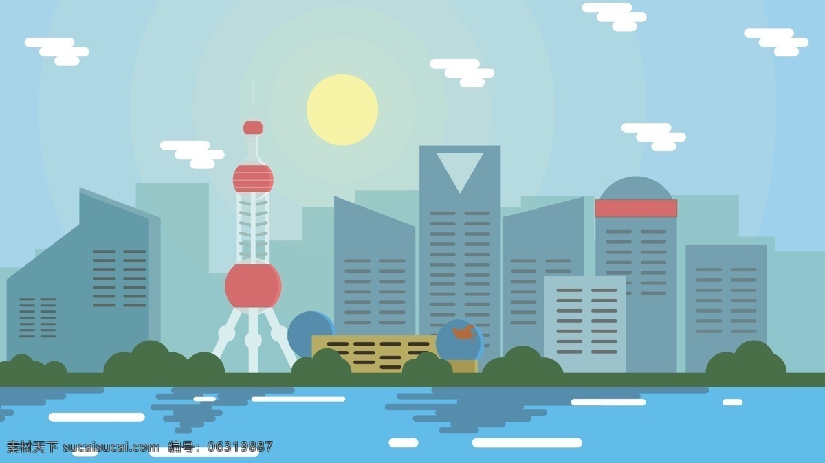 上海 景点 东方明珠 高楼大厦 插画 矢量 黄浦江 建筑群 标志建筑 配图