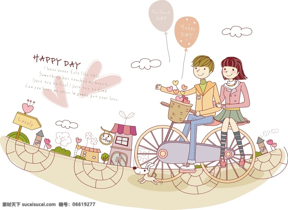 彩绘 骑 单车 情侣 插画 矢量 花卉 气球 云朵 房屋 建筑 狗 情人节 矢量图