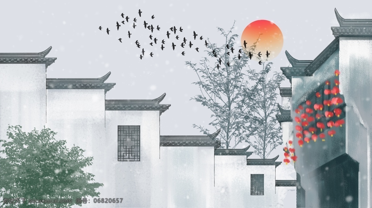 中国 风 建筑 插画 中国风 古镇 水墨 手绘 城墙 唯美 背景图 设计素材 环境设计 建筑设计 古风建筑插画