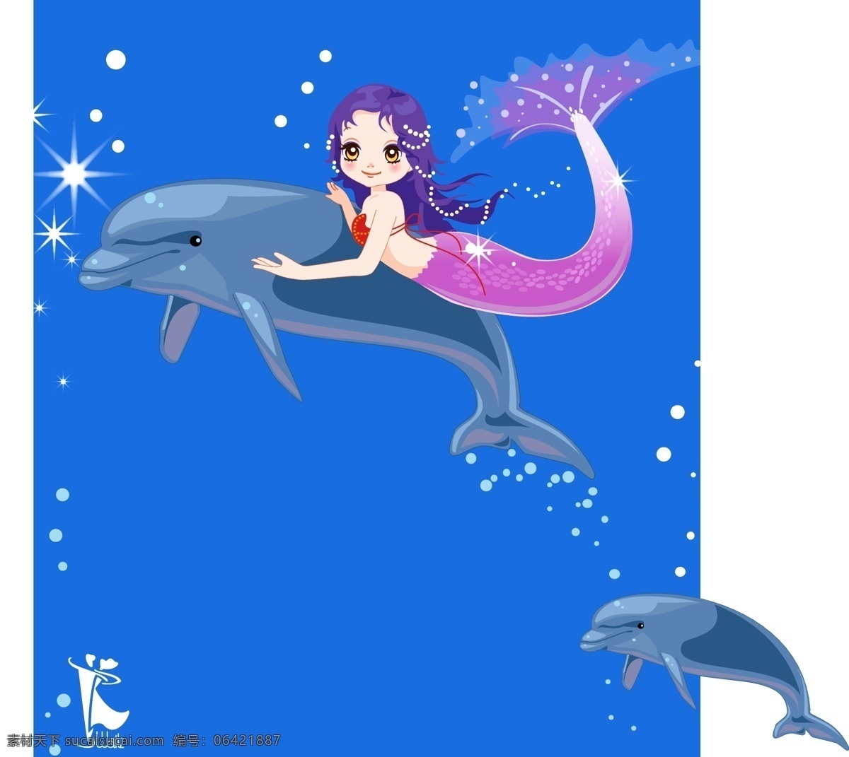 可爱 美人鱼 海底 海豚 海洋 美女 矢量图 其他矢量图