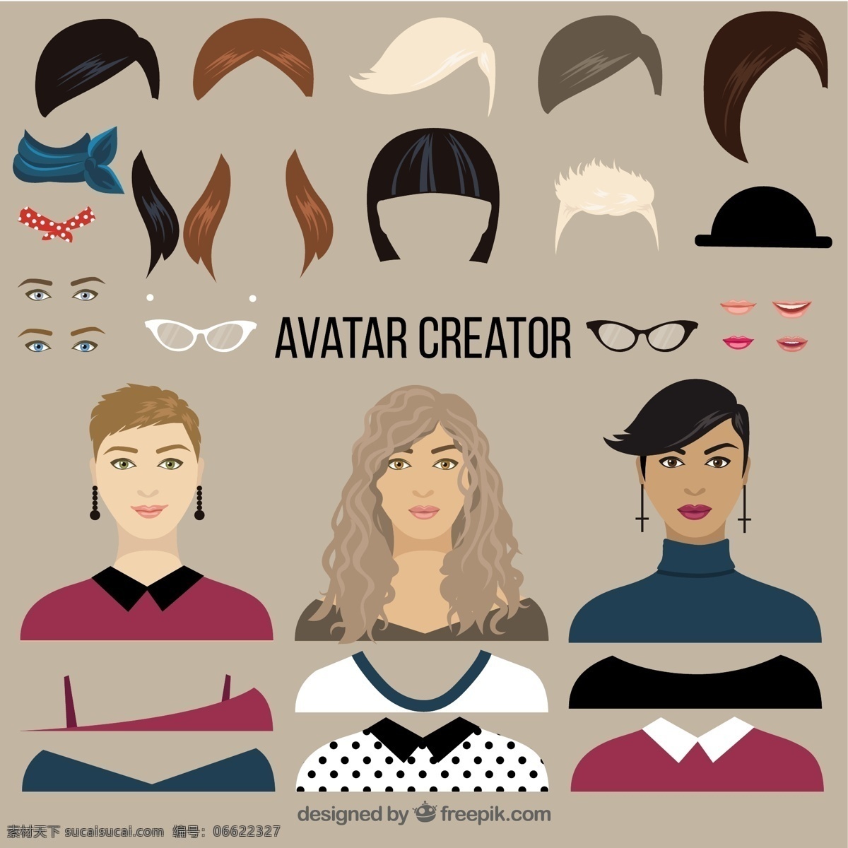 平面 女性 头像 创作者 人 图标 发 时髦 脸 眼镜 扁平 人物 嘴唇 衣服 头 平面设计 太阳镜 扁平的图标 图标集 女 女人的头发 灰色