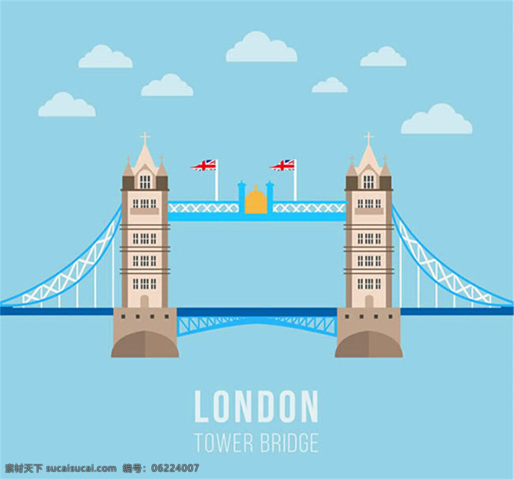 伦敦塔桥矢量 云朵 英国国旗 英国 伦敦 伦敦塔桥 建筑 风景 矢量图
