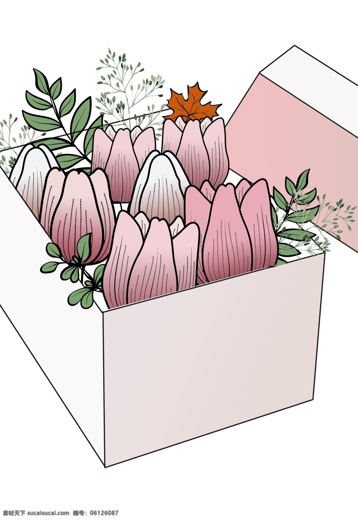网 红 郁金香 鲜花 礼盒 ins 风网 红花 盒 粉色郁金香 蕨类绿叶 母亲节素材 花店素材 tiff 分层 图