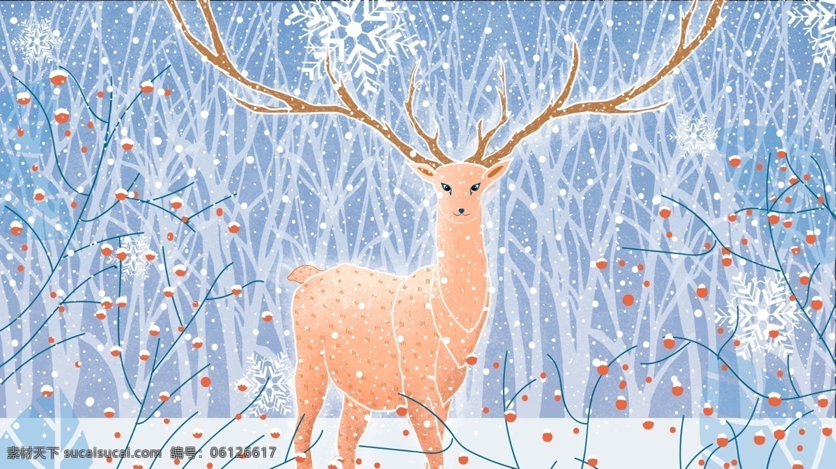 简约 清新 林 深见 鹿 冬日 雪景 中 插画 林深见鹿 冬天 天冷 大寒