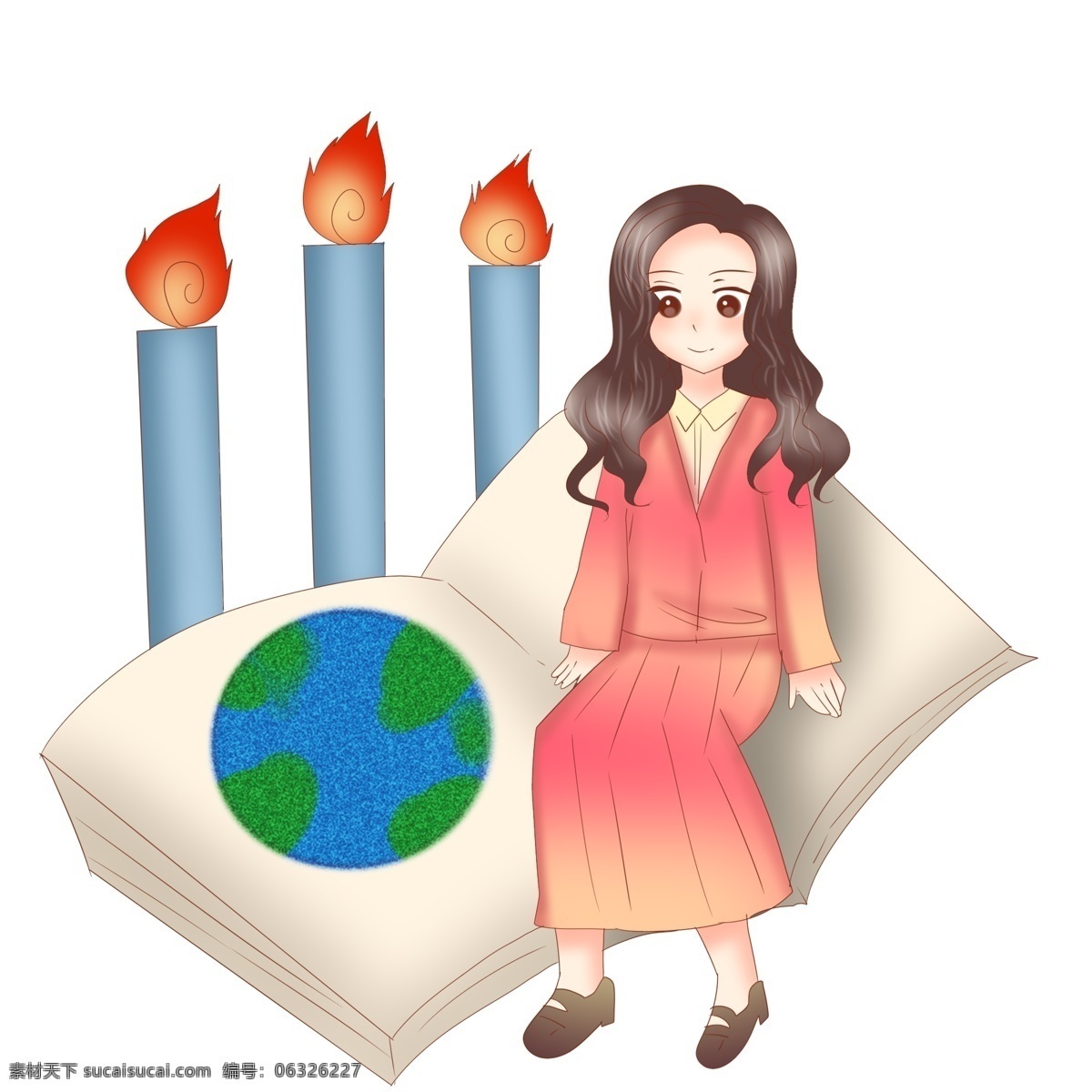 爱 看书 小女孩 插画 地球 小时 蓝色的蜡烛 红色的火苗 白色的图书 绿色的地球