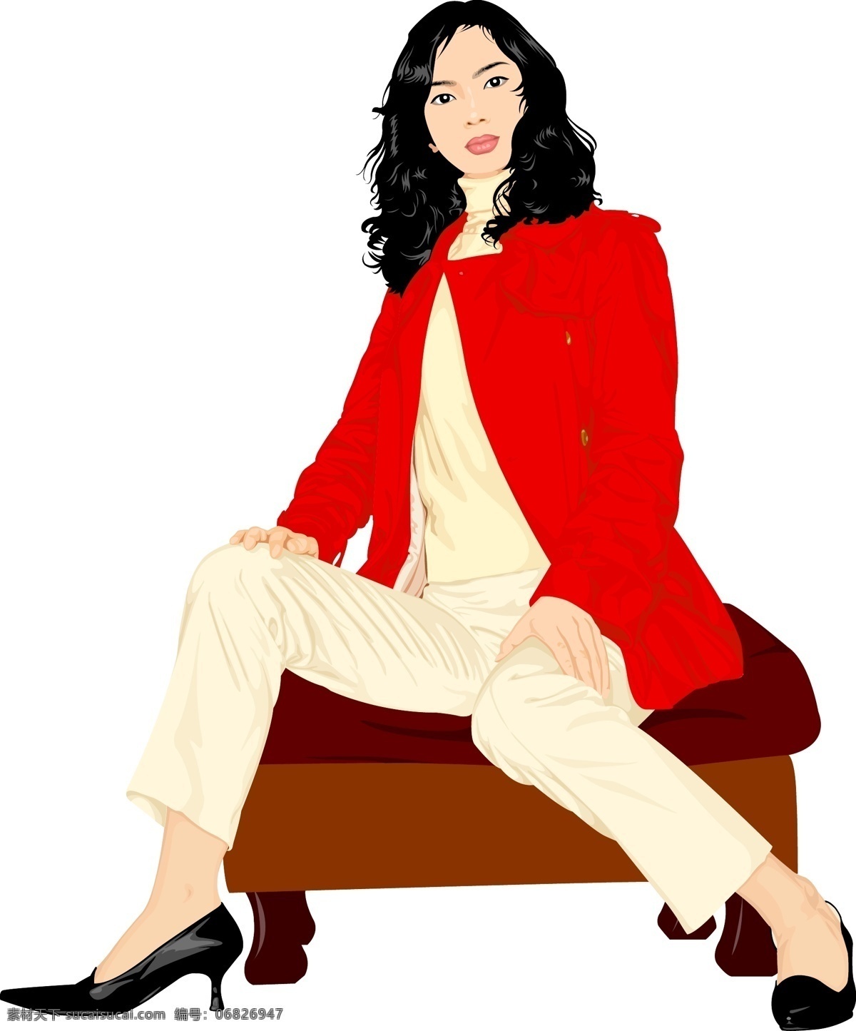 时尚 女性 美女 皮鞋 沙发 矢量人物 烫发 职业装 红色外套 职业套装 黑色高跟鞋 矢量图