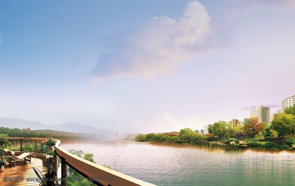 水景 景观 效果图 水岸 阳台 天空 色调 楼体 远山 云彩 欧式景观 河景 水面 栏杆 躺椅 花盆 植物 绿地 城市远景 树木 风景 分层 源文件