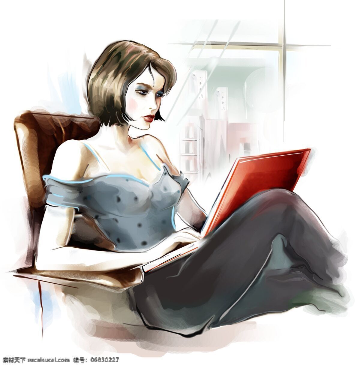 抱 笔记本 美女 插画 笔记本电脑 女人 卡通性感 卡通插画 水彩插画 美女图片 人物图片