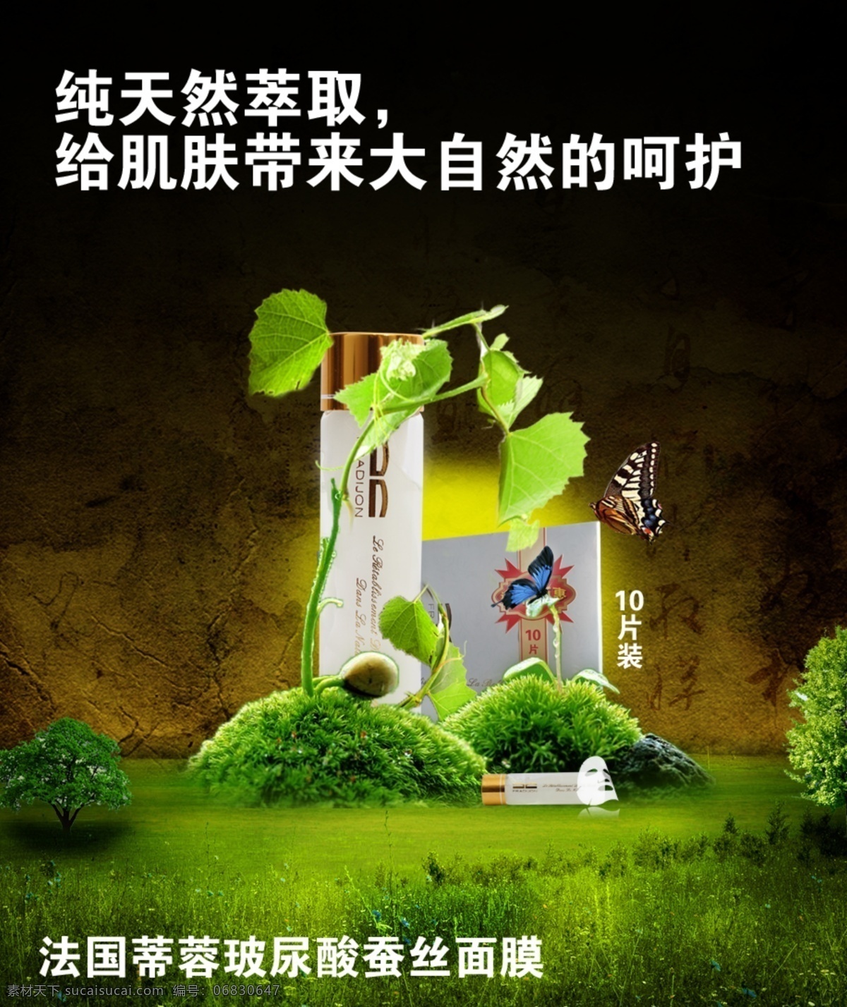 化妆品海报 蝴蝶 绿色植物 玻尿酸 化妆品 黑色