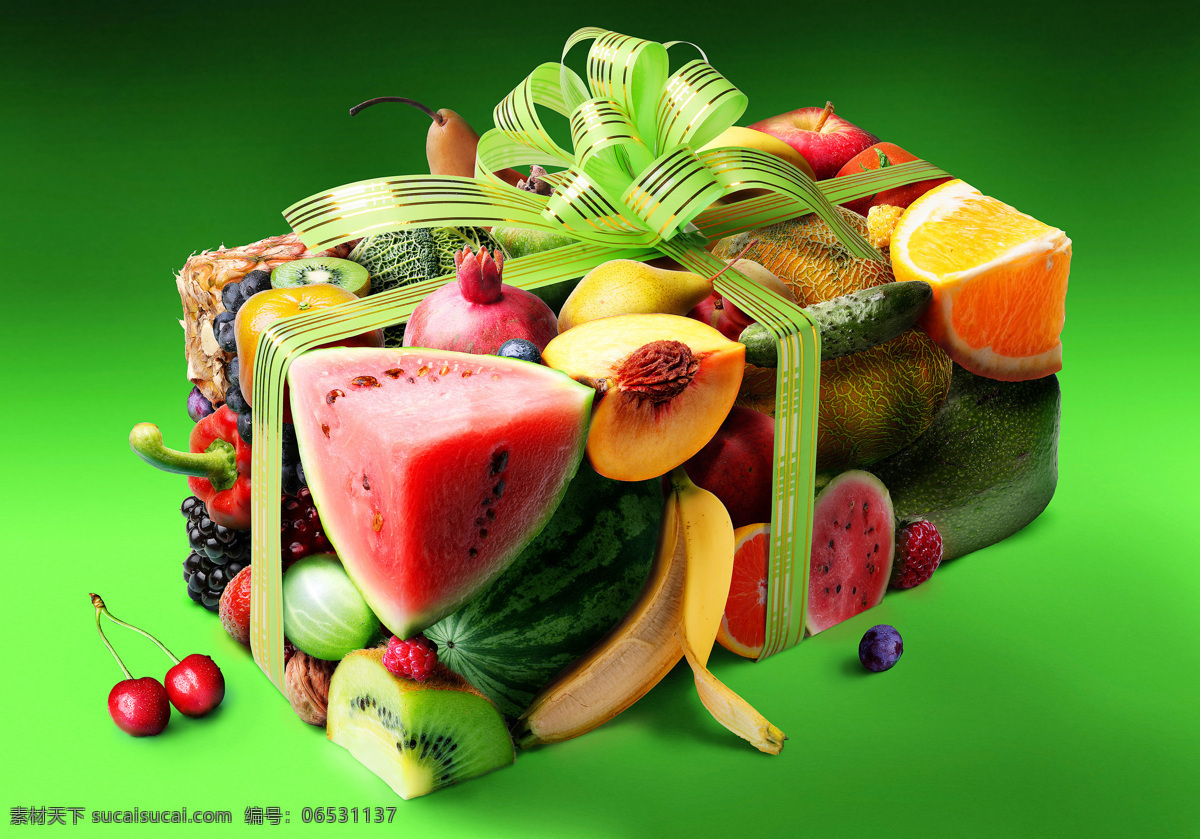 水果 组成 礼品盒 西瓜 桃 梨 泥猴桃 蓝色丝带 创意 创意图片 其他类别 生活百科 绿色