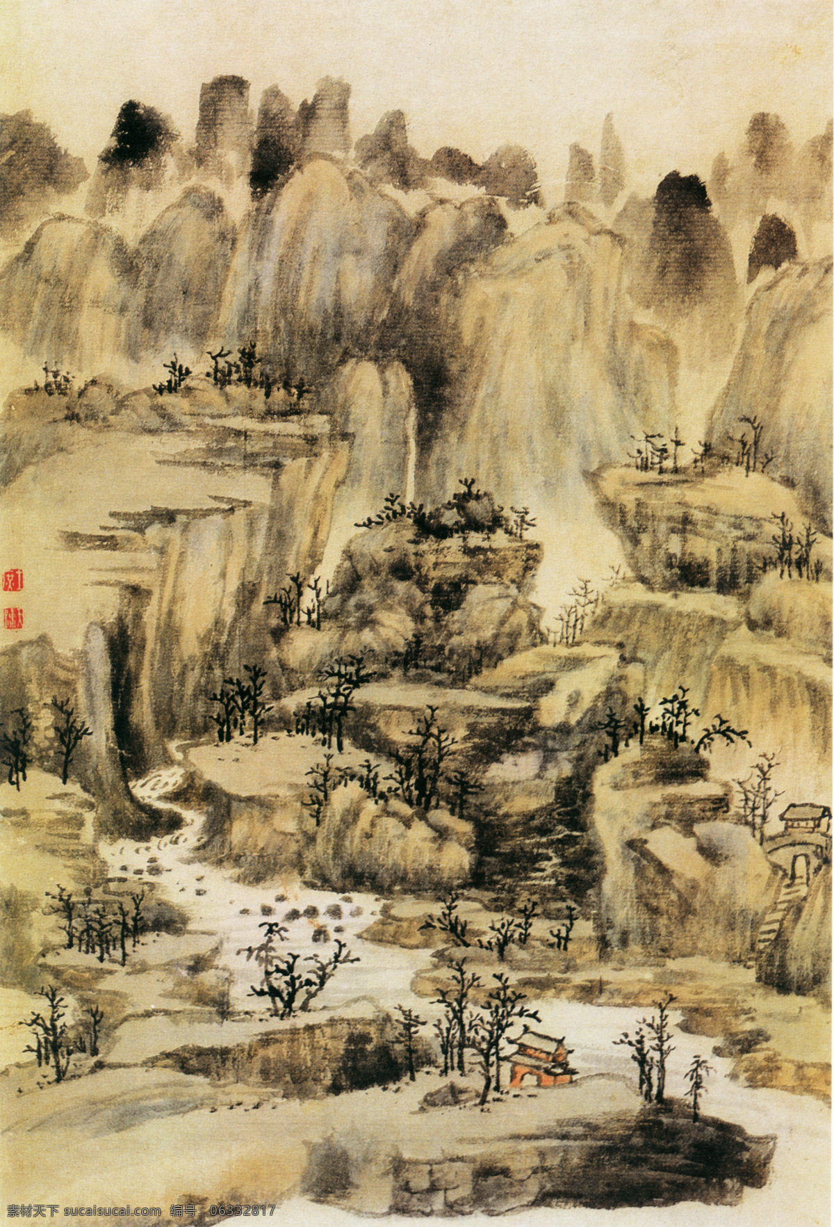 名家 方士 庶 书画 真迹 山水 名画 仿古 图 古画 山水画 山水名画书画 书画真迹 水墨画 仿古山水图 名家方士庶 册页 纸本 设色 飞泉高挂 溪流曲折 两岸 高崖 平冈 错落 文化艺术