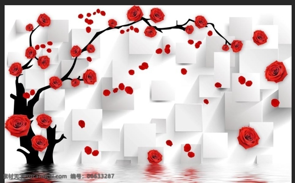 浪漫 玫瑰 树 红色 花 立体 方块 背景 墙 背景墙 花卉 电视 沙发 客厅 水影 月季 爱情 分层