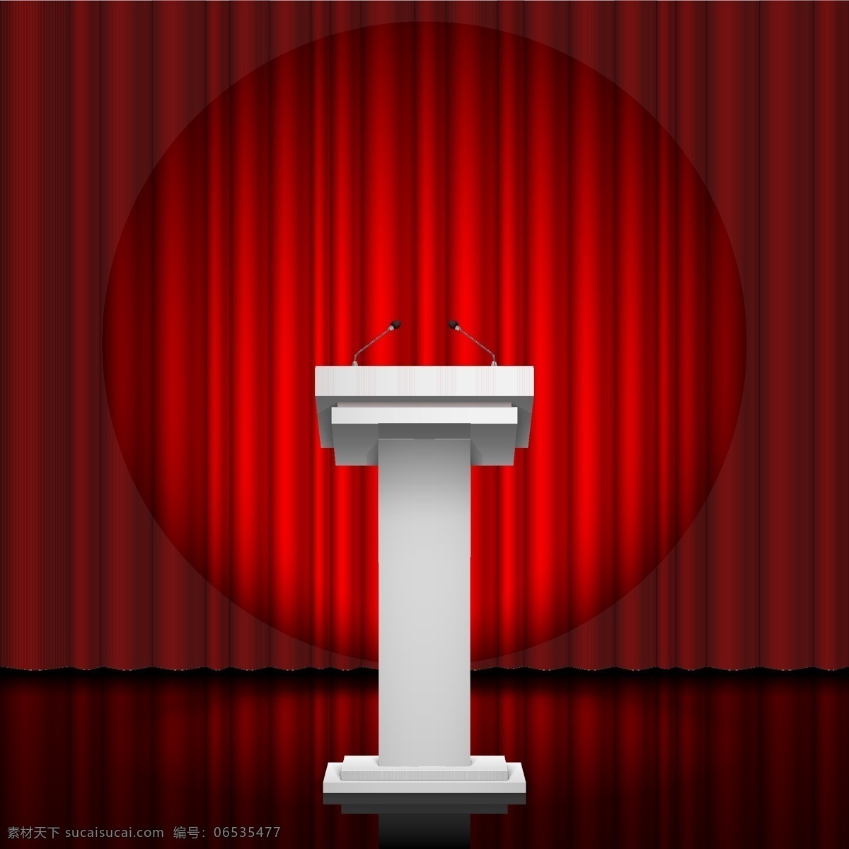 演讲 大厅 里 白色 演讲台 矢量 白色演讲台 演讲大厅 圆形射灯 红色幕布 文化艺术 节日庆祝
