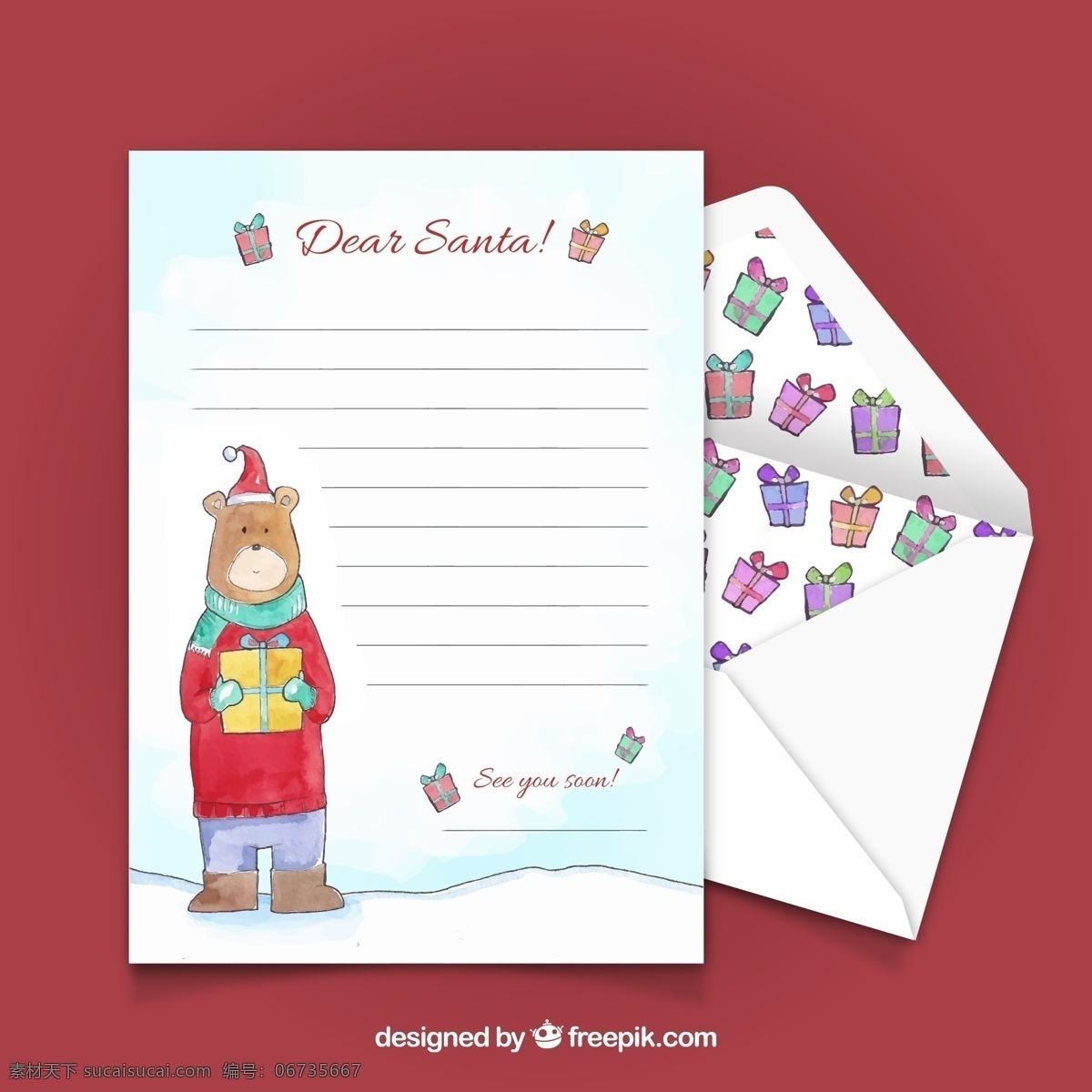 彩绘 熊 圣诞节 信封 信纸 矢量图 动物 节日 卡通 可爱