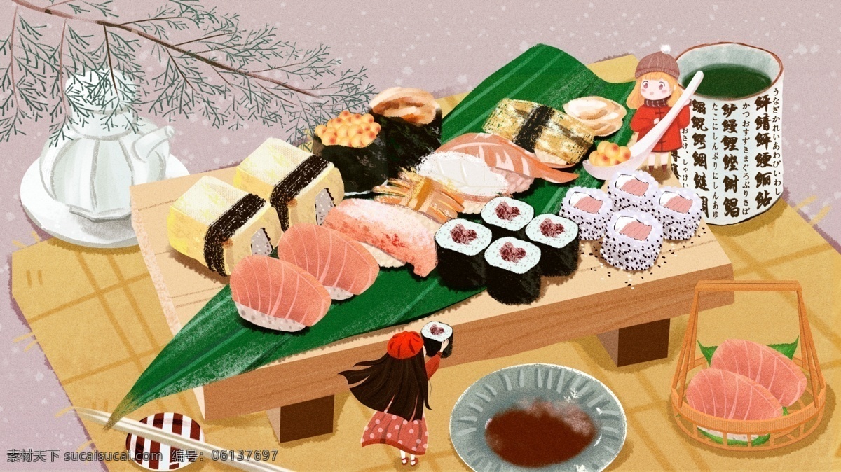 吃货 节日 料 卡通 可爱 插画 美食 壁纸 日料 女孩 开心 美味 背景