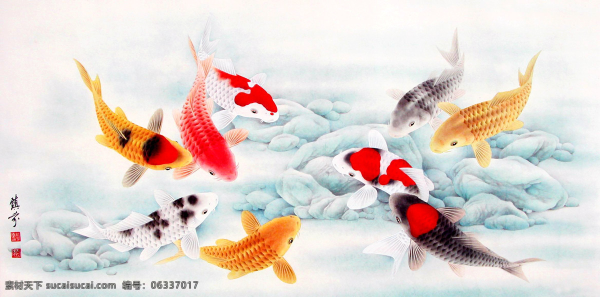 国画艺术 绘画 绘画书法 锦鲤 鲤鱼 美术 石头 吉庆 有余 设计素材 模板下载 吉庆有余 中国画 工笔重彩画 鱼 水景 书法 印章 工笔鱼图 文化艺术 家居装饰素材 雕刻 图案
