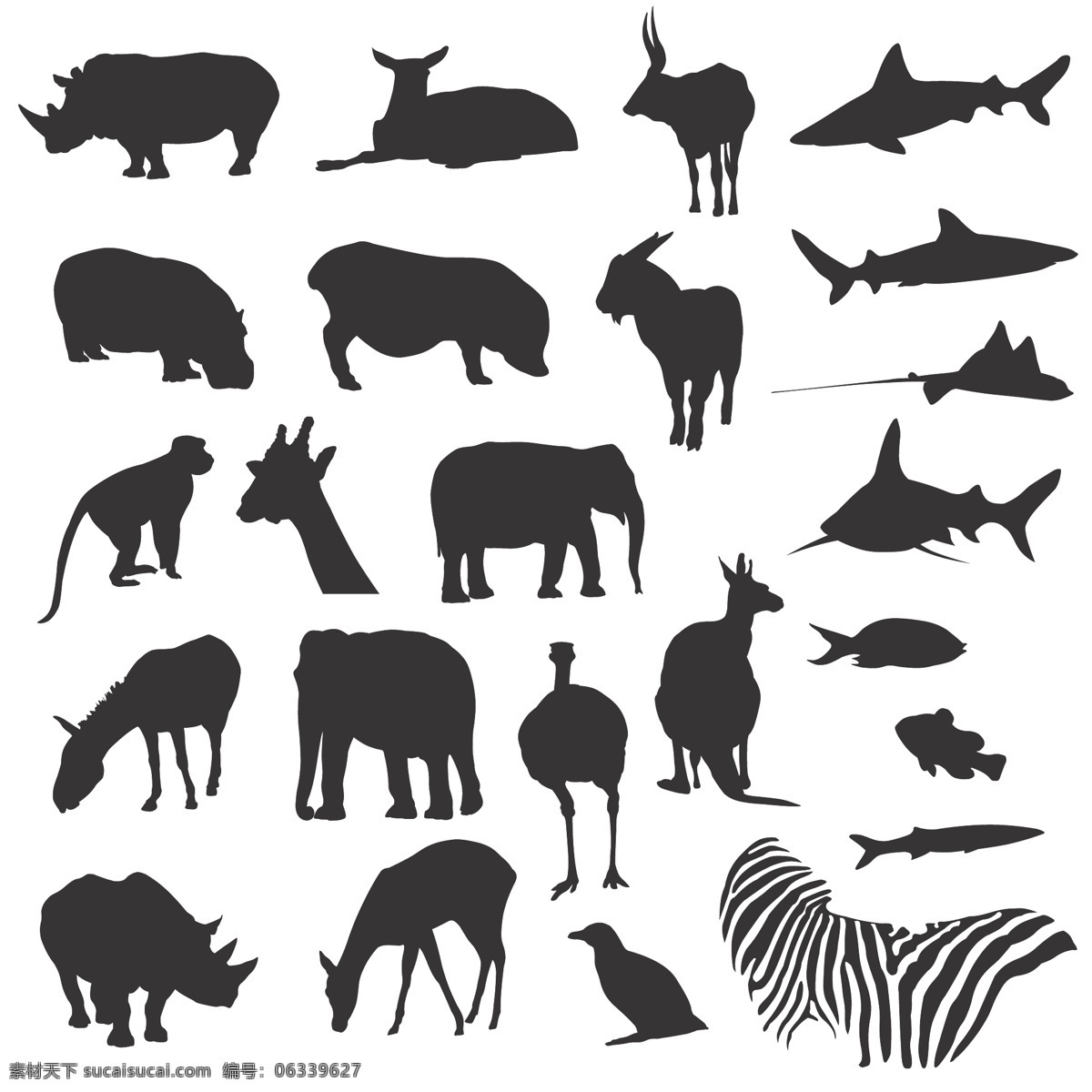 各种 陆地 海洋 动物 黑白 剪影 矢量 斑马 长颈鹿 大象 袋鼠 单色 海洋动物 河马 猴子 鸵鸟 鱼 马 犀牛 羊 剪影矢量动物 矢量图 矢量人物