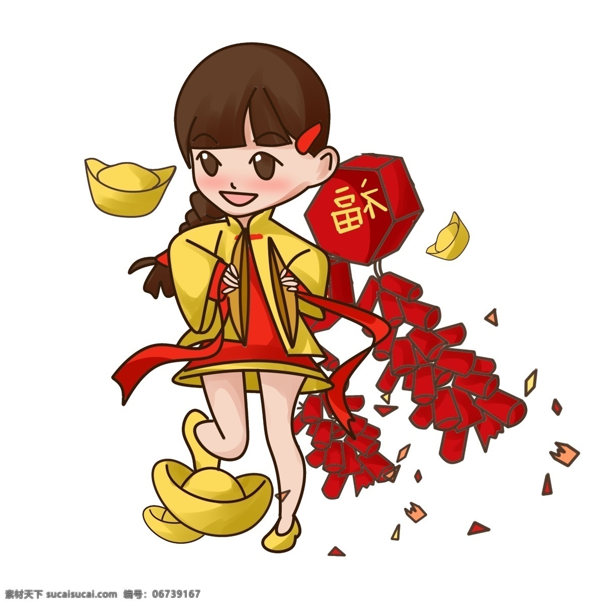 春节 女孩 迎新 年 插画 鞭炮 金元宝 福字 喜庆 新年 快乐女孩 放鞭炮 庆新年 欢欢喜喜 大年 过新年