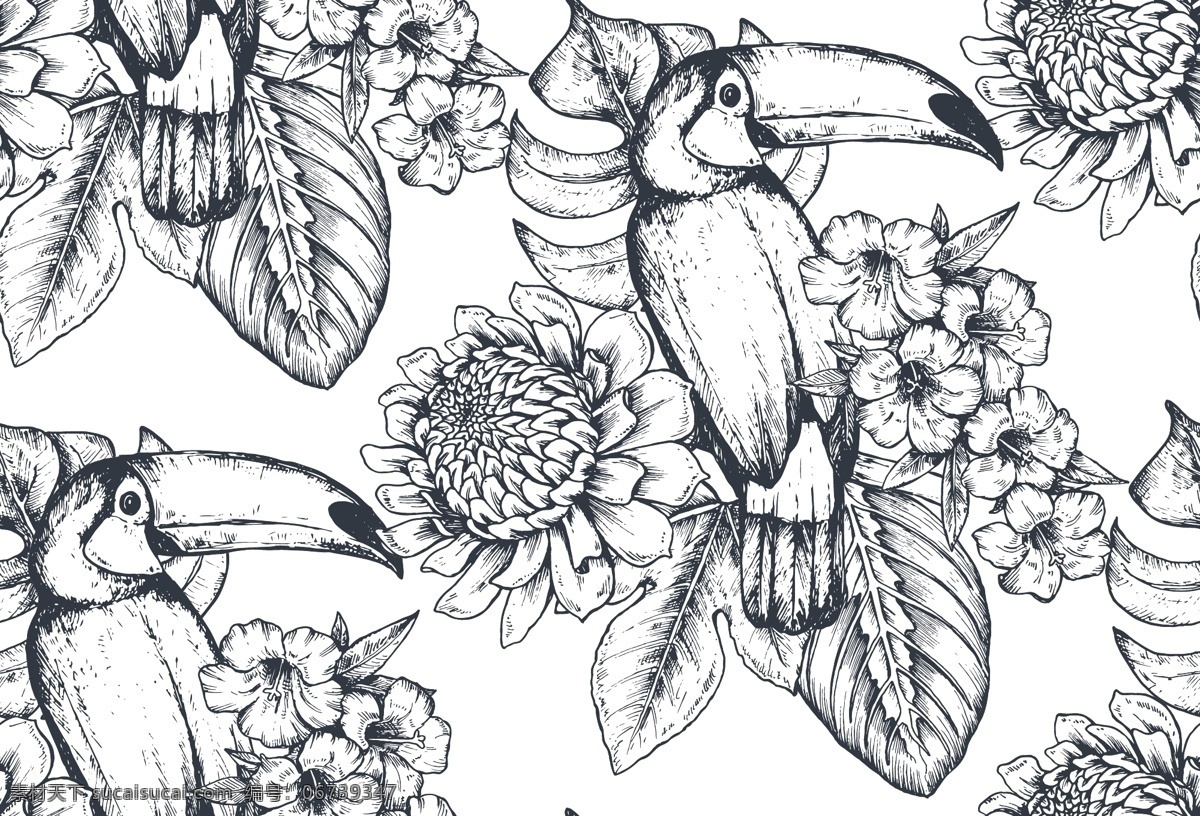 鸟类 热带 手绘 矢量 植物 矢量素材 设计素材 背景素材