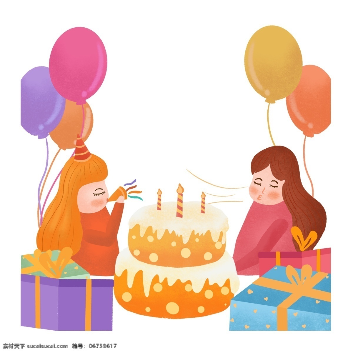 手绘 卡通 女孩 生日 装饰 女孩元素 人物元素 清新 可爱风 中国女孩 生日蛋糕