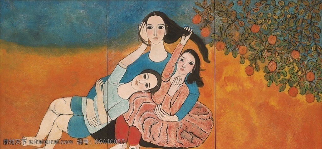 母亲与孩子们 阮川作品 越南画家 儿子与女儿 玩耍 花下 中国古代画 中国古画 文化艺术 绘画书法
