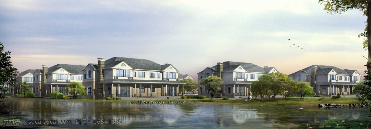 湖边 别墅 景观设计 荷花 飞鸟 人物 池塘 石头 草地 树木 房屋 建筑物 蓝色天空 环境设计 白色