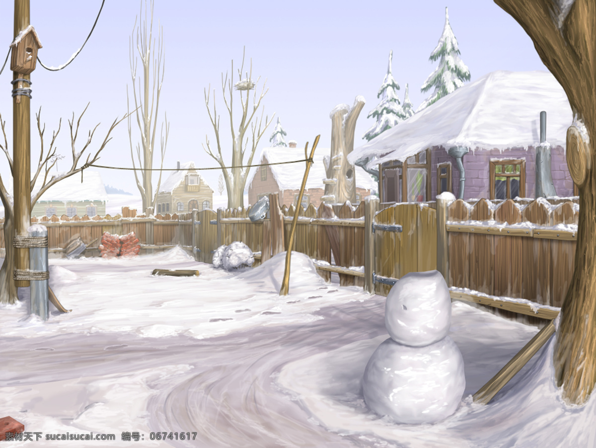 卡通 冬天 风景 冬季 雪地 雪人 房子 卡通风景 自然 插画 手绘 绘画 儿童画 高清图片 风景图片