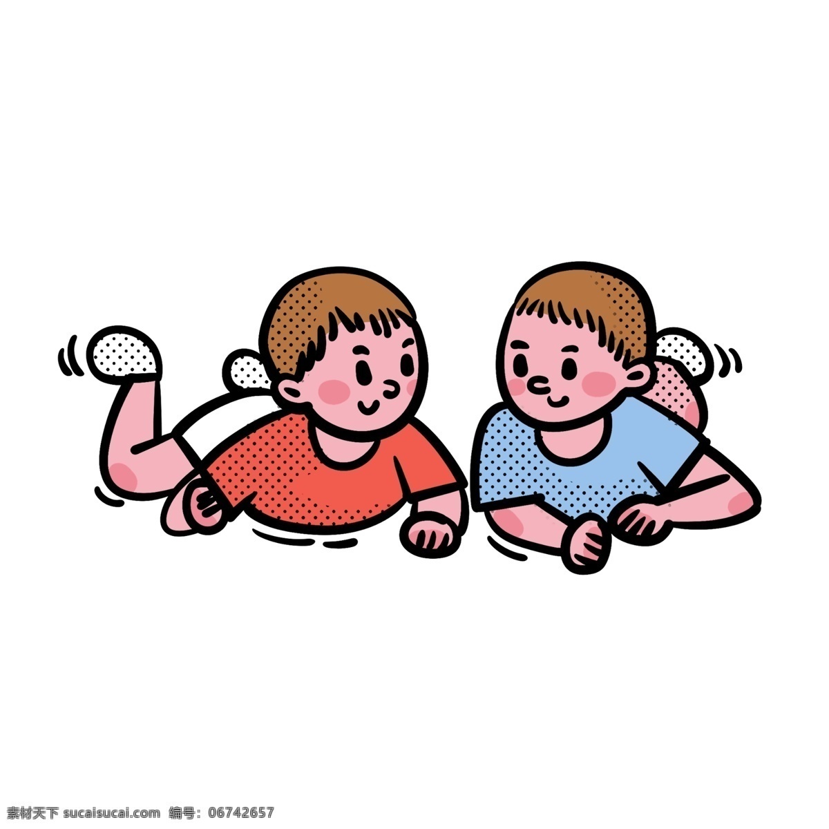 卡通 矢量 免 抠 可爱 两个 趴 婴儿 宝宝 免抠 小孩子 儿童 童年 快乐 开心 玩耍 红色 蓝色 上衣