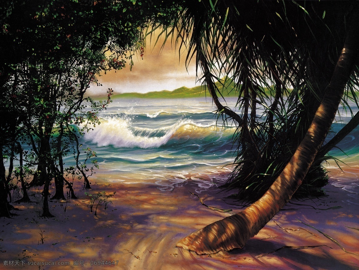 油画 海边风光 沙滩 海浪 椰子树 手绘 装饰画 无框画 屏风 壁挂 大图 清晰油画 绘画书法 文化艺术