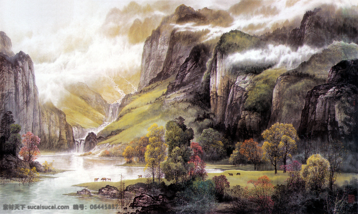 水墨风景 工笔画 风景画 高山 云雾 流水 树林 马 绘画书法 文化艺术