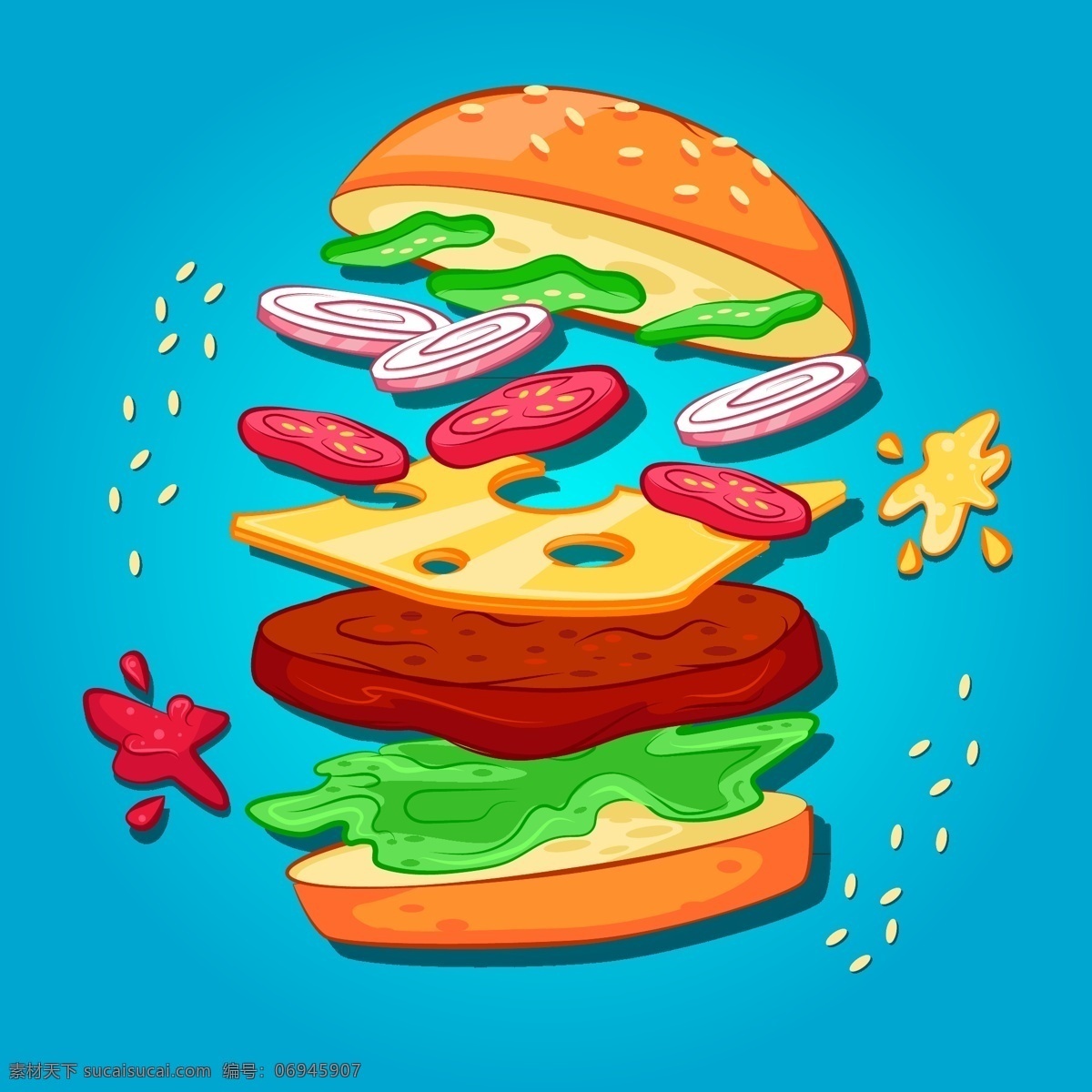 卡通 时尚 汉堡 插画 食品 美食 快餐