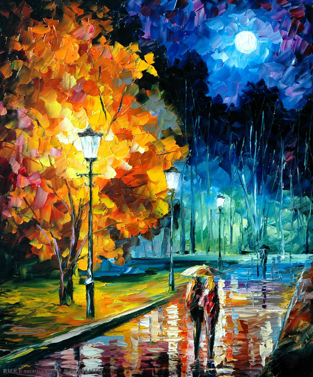 油画 浪漫的夜晚 油画风景 绘画 艺术 油画艺术 情侣 散步 夜晚 路灯 漫步 浪漫 秋天 公园 西方油画 风景画 风景 景色 欧美油画 油画作品 挂画 绘画书法 文化艺术