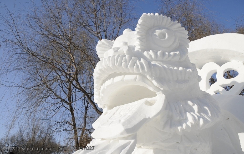 冰雪雕塑 雪 冬天 狮子 雪狮 白雪 树木 雪雕 自然景观 自然风景
