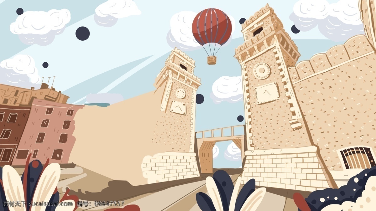 手绘 卡通 城堡 背景 建筑 城门 热气球 背景设计 彩绘背景 通用背景 特邀背景 创意 清新背景