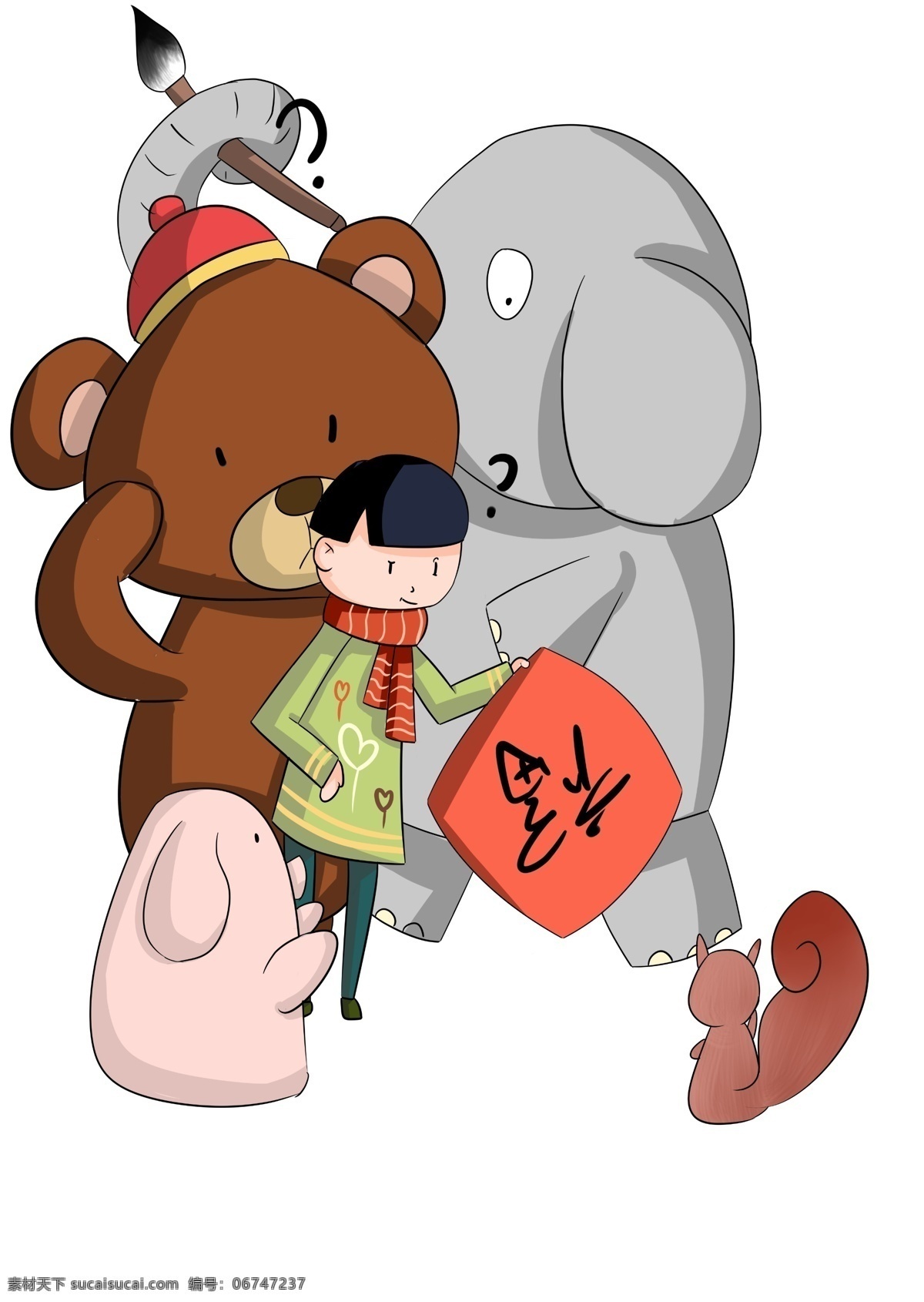 手绘 可爱 新年 福字 小朋友 福 倒福 动物 小熊 大象 大象动物 冬天插画 围巾 手绘围巾