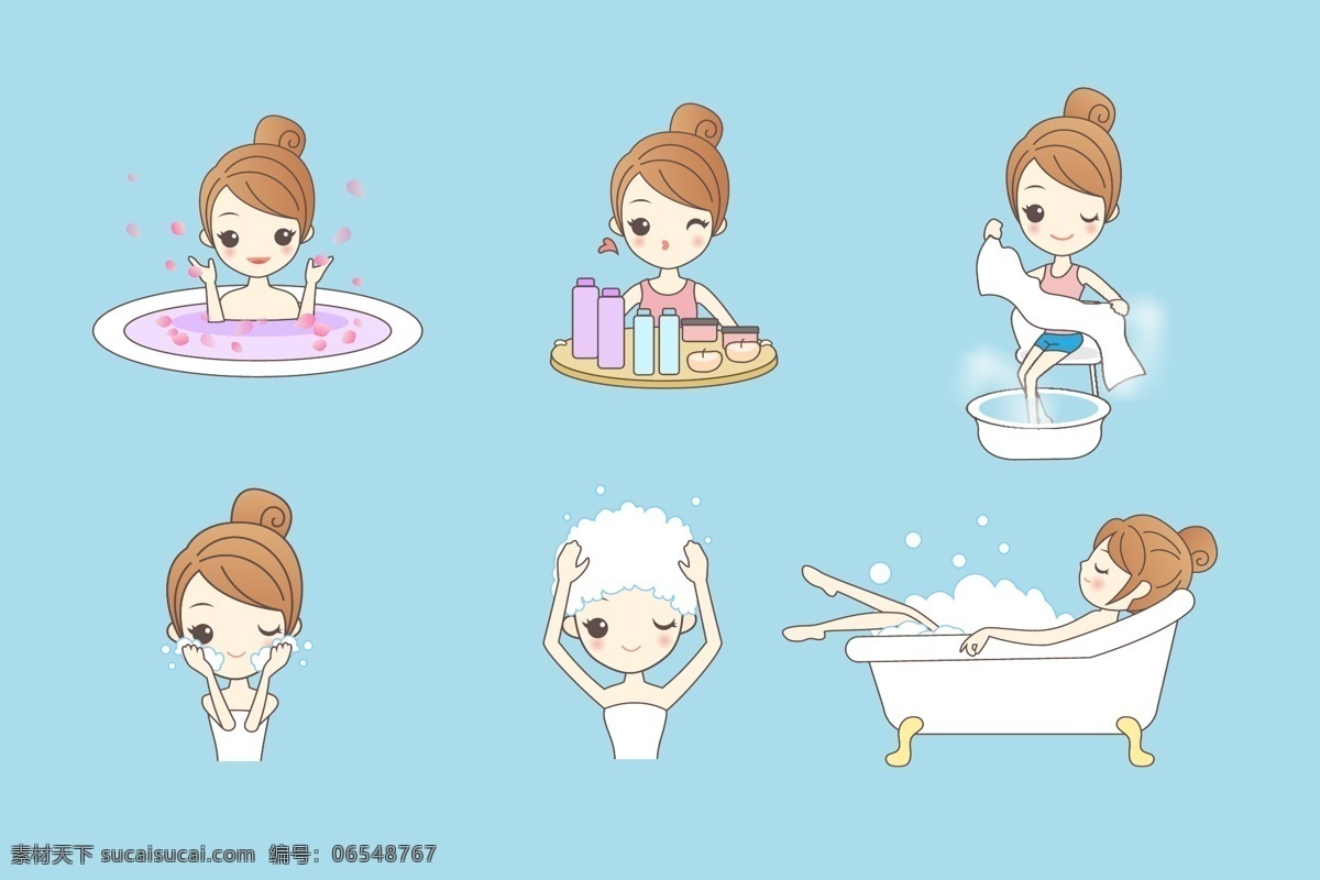 卡通漫画 q 版 女孩 泡澡 洗澡 美美的 丸子头 矢量素材 源文件