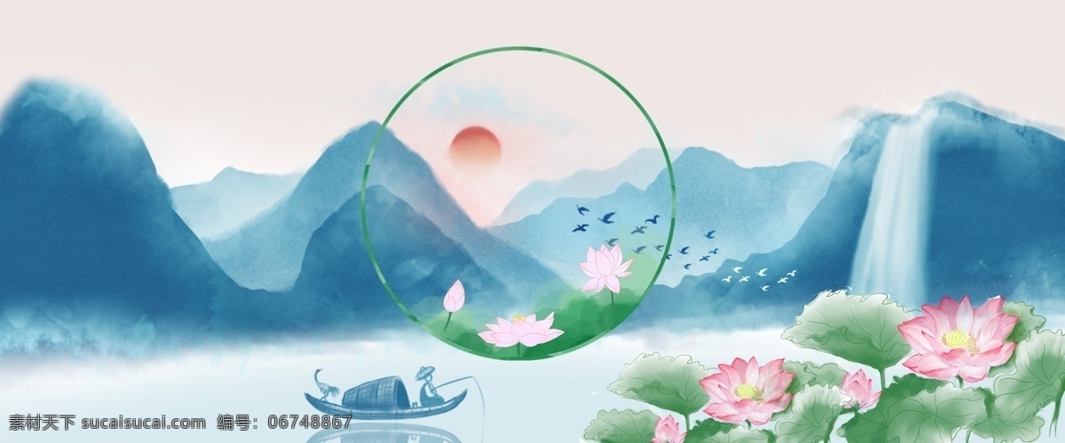 复古 中国 风 六月 荷花 风景 图 六月花卉 中国风山 背景 海报 荷花背景 云雾缭绕 禅意 电商 古风 窗外 荷塘 红花 祥云