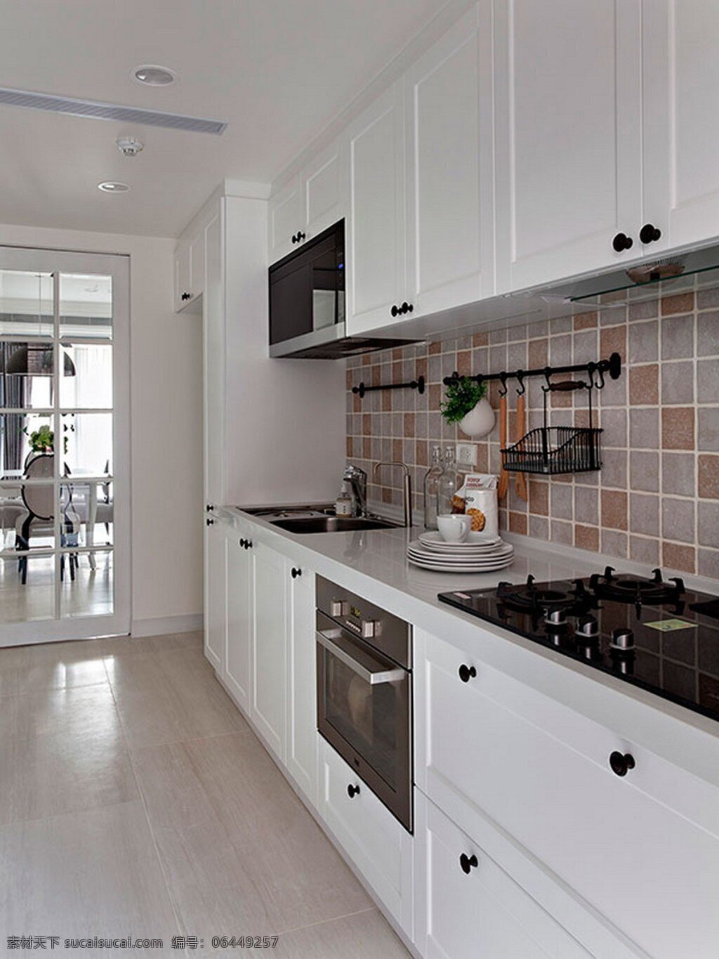 现代 简约 风 室内设计 厨房 灶台 效果图 料理台 白色 调 格子瓷砖 吊柜 家装