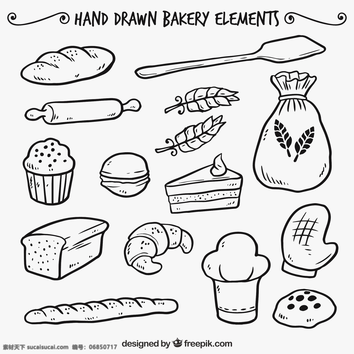 手绘面包店 食品 菜单 手 餐厅 蛋糕 家庭 厨房 面包 绘制 烹饪 有机 甜 绘图 健康 元素 饮食