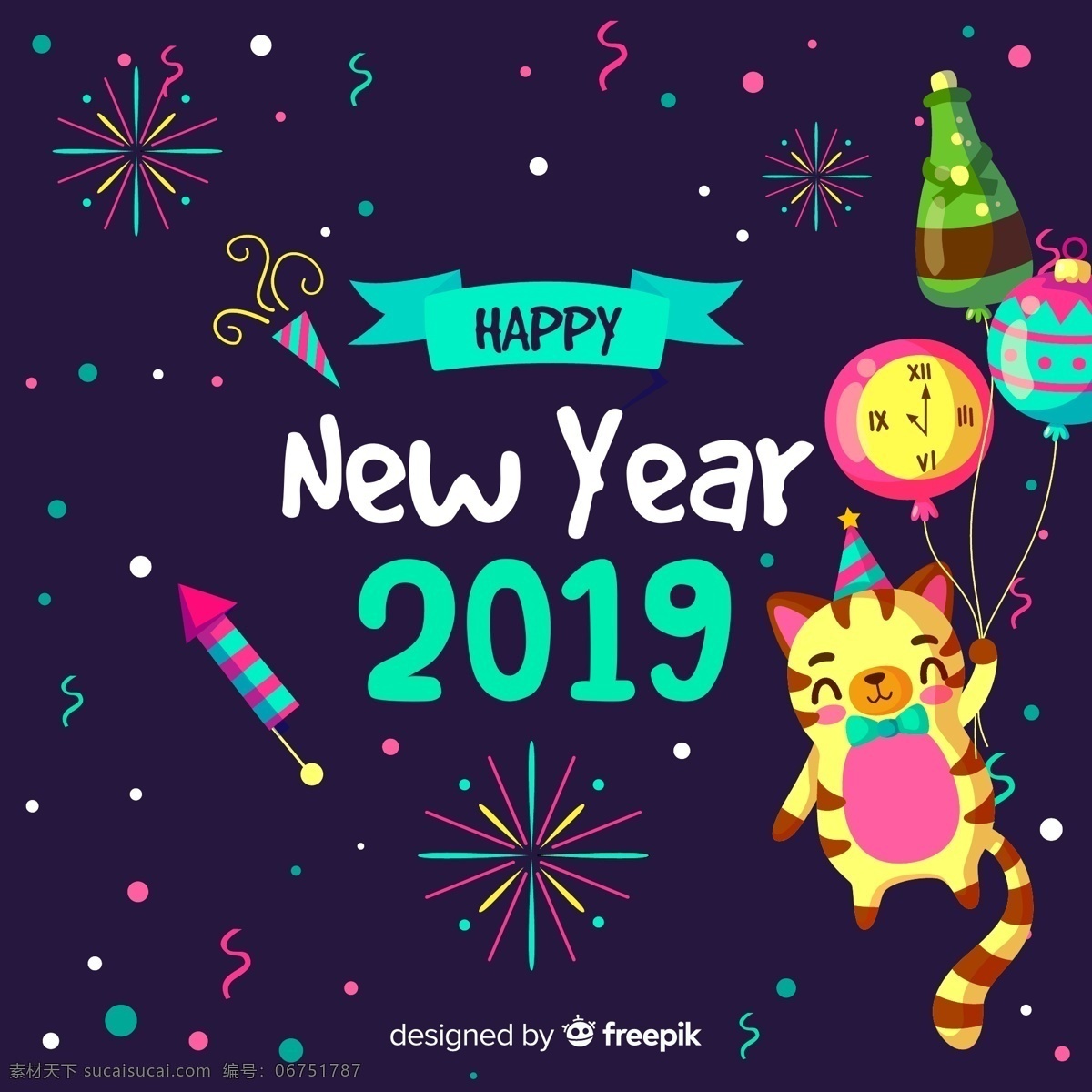 2019 年 可爱 新年 猫咪 矢量 礼花 烟花火箭 时钟 气球 香槟酒 happy new year 2019年 文化艺术 节日庆祝